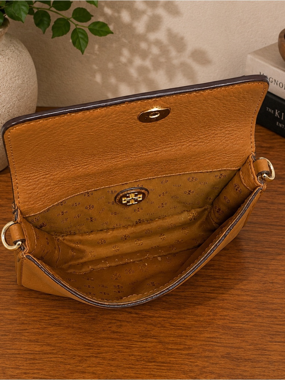 Tory Burch All T Combo Brown Pebbled Leather Crossbody Shoulder Bag Purse - Picture 6 of 6